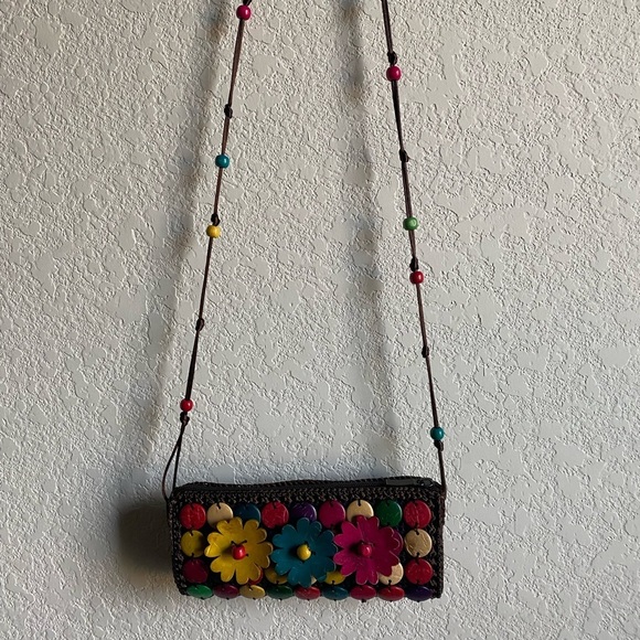 Coconut Shell Disc Beaded Sling Multi Color Coco Brown Crossbody Mini Boho Bag - Picture 8 of 12